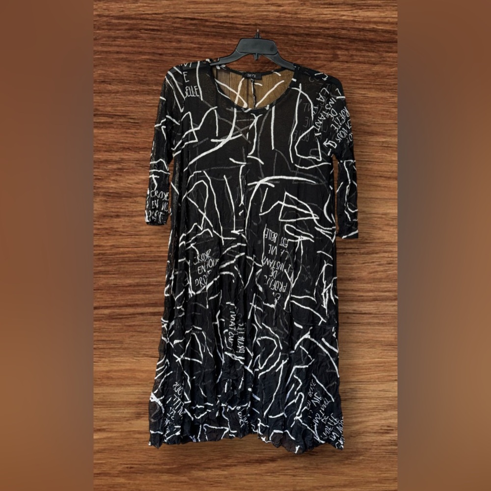 EUC Abstract Print Mini Dress | Black White SHEER Dress | Tunic Top with French